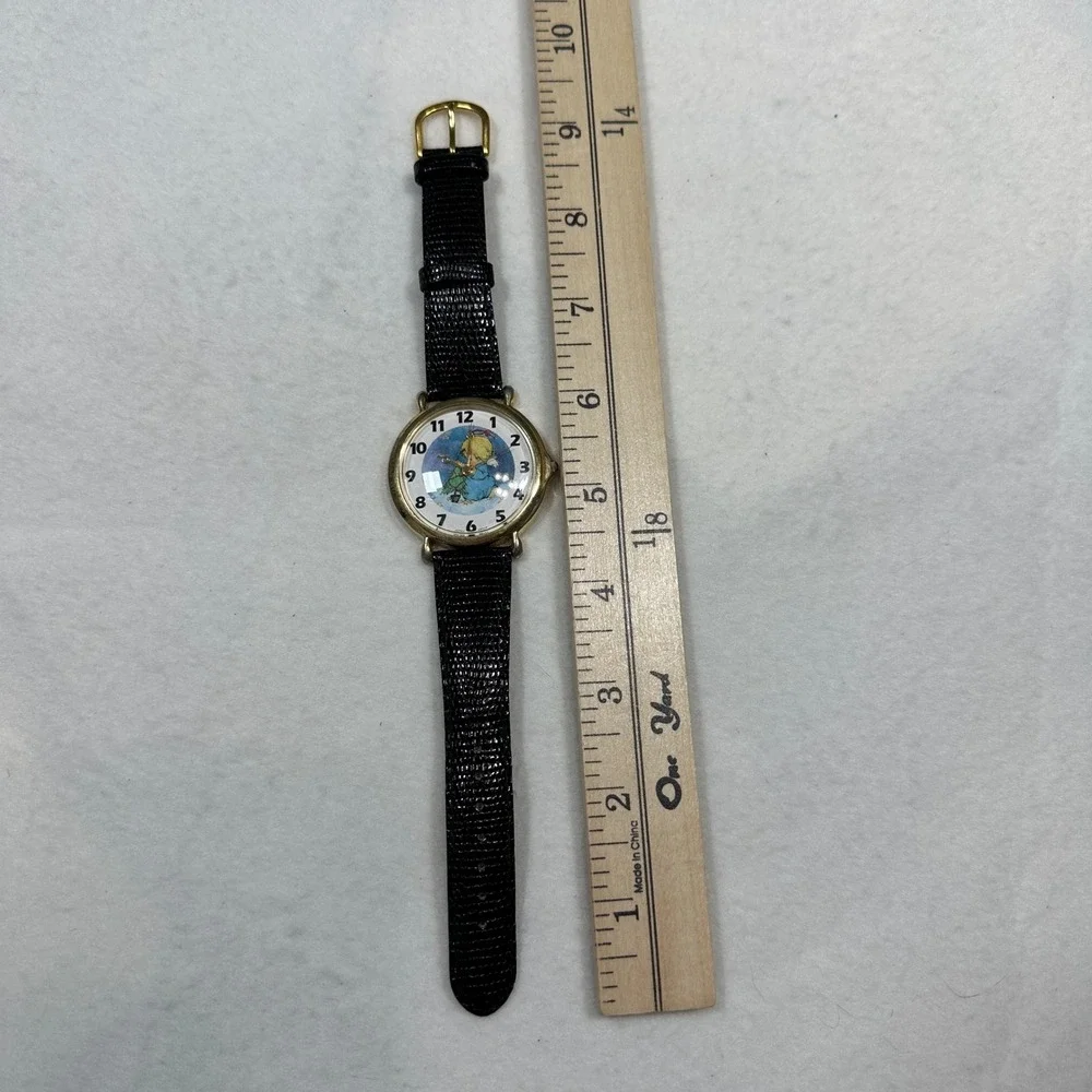 Vintage Milan Angel Watch Gold Tone Japan Black Lizard Leather needs battery